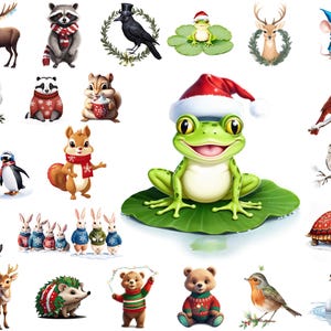 Christmas Forest Animals PNG Clipart Bundle, Cute Santa Holiday Nursery Decor, Digital Download, Commercial Use, Printable Art
