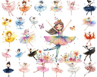 May include: Watercolor illustrations of ballerinas in various poses and outfits. The dancers are depicted in colorful tutus and costumes, with floral and butterfly accents. The artwork features a whimsical and artistic style, perfect for children's decor or craft projects.