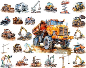 May include: A watercolor illustration of various construction vehicles, including a yellow dump truck, a crane, a bulldozer, an excavator, and a forklift. The vehicles are depicted in a realistic style with detailed features and vibrant colors.