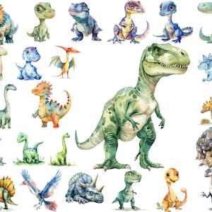 Watercolor Cute Dinosaurs PNG Clipart Bundle, Dino Nursery Decor, Baby Shower, Instant Digital Download, Commercial Use, Printable
