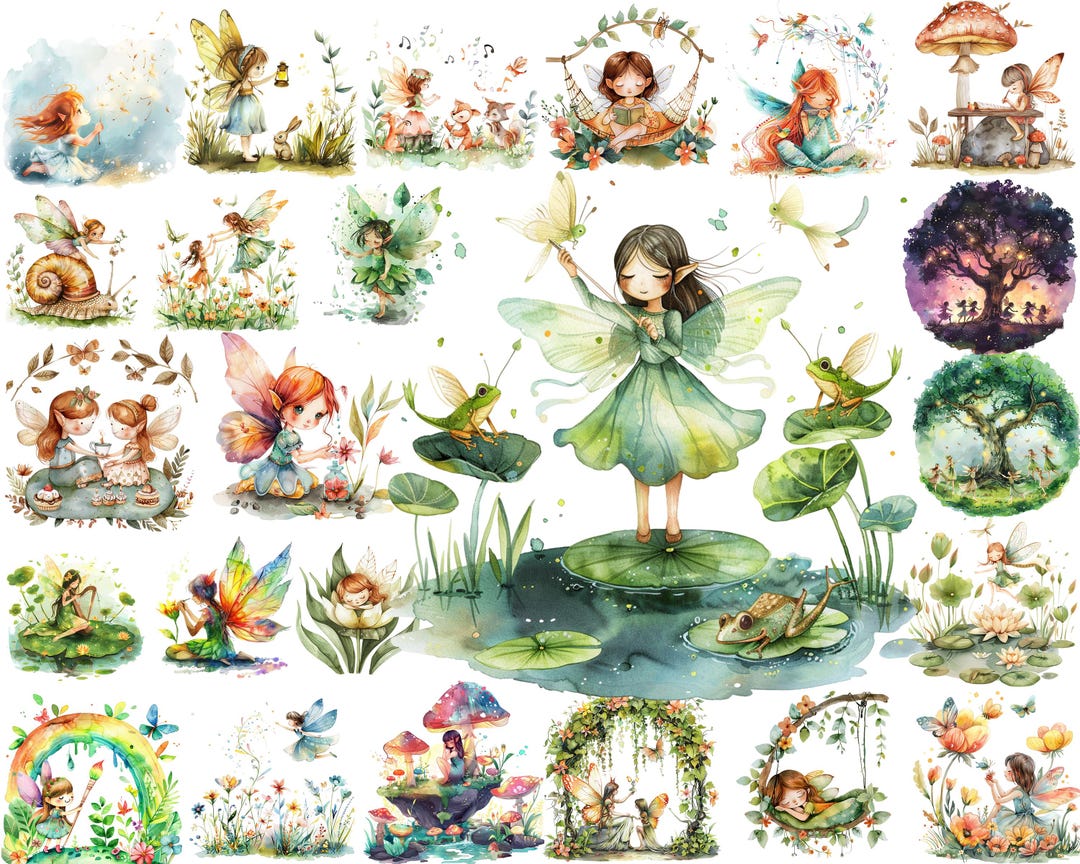 Watercolor Fairy PNG Clipart Bundle, Magical Garden Butterfly Mushroom ...