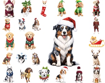 May include: A collection of Christmas-themed illustrations featuring dogs wearing festive attire, including Santa hats, elf costumes, and reindeer antlers. The illustrations are set against a white background.