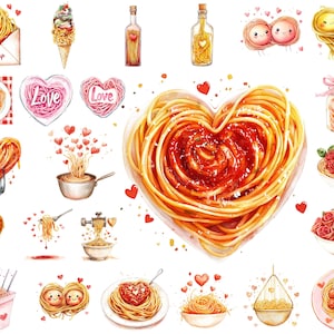 Pacote de clipart PNG de espaguete de dia dos namorados, macarrão em forma de coração em aquarela, comida romântica, download instantâneo, uso comercial, arte para impressão