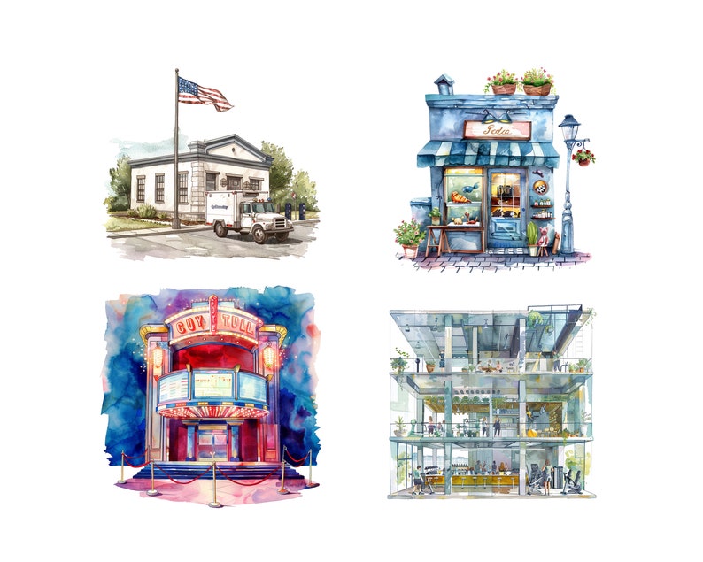 Watercolor Community Buildings PNG Clipart Bundle, Instant Download ...