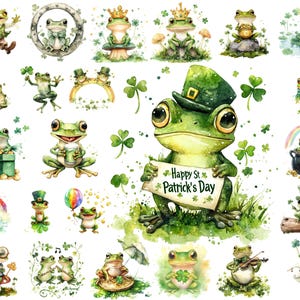 May include: A watercolor illustration of various green frogs in different poses and settings. Some frogs are wearing hats, others are holding objects, and some are sitting on lily pads. The illustration is surrounded by green shamrocks and other foliage. The text "Happy St. Patrick's Day" is written on a banner held by one of the frogs.