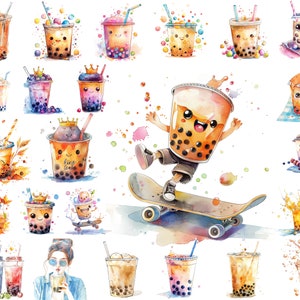 Watercolor Bubble Tea PNG Clipart Bundle, Boba Milk Tea Drink Dessert Party Art Decor, Instant Download, Commercial Use, Printable