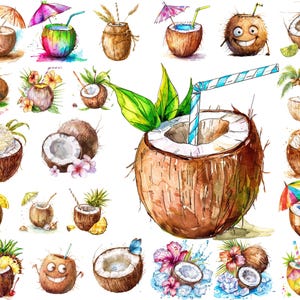 Paquete de imágenes prediseñadas PNG de bebida de coco, decoración de cóctel de frutas de verano, descarga digital instantánea, uso comercial, arte imprimible