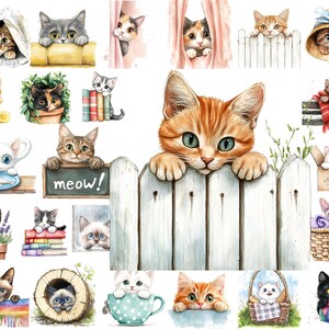 May include: Watercolor illustrations of various cats in different poses. One cat peeks from behind a newspaper, another from a yellow pillow, and a third from pink curtains. Other cats are in a teacup, a basket, and a wooden log. One cat is behind a white picket fence.