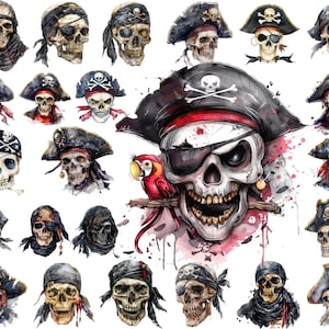 Pirate Skull Black PNG Clipart Bundle, Captain Face Skeleton Crossbones Decor, Digital Download, Commercial Use, Printable Art