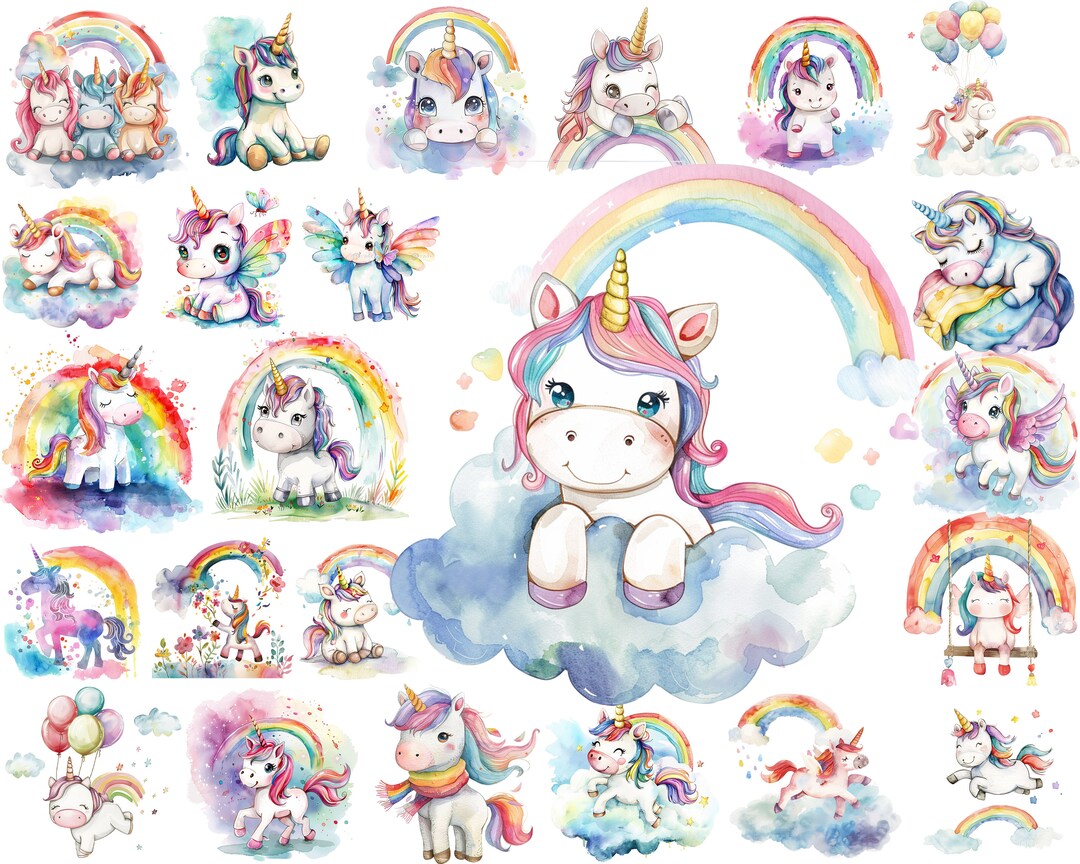 Watercolor Baby Unicorn Rainbow PNG Clipart Bundle, Nursery Decor, Baby ...