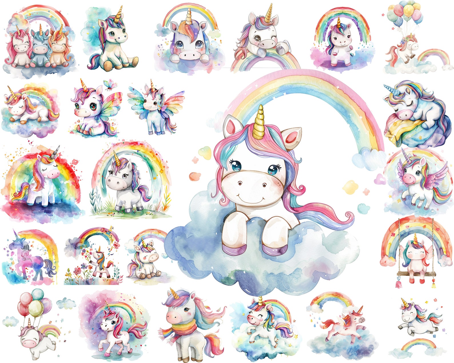 Watercolor Baby Unicorn Rainbow PNG Clipart Bundle, Nursery Decor, Baby ...