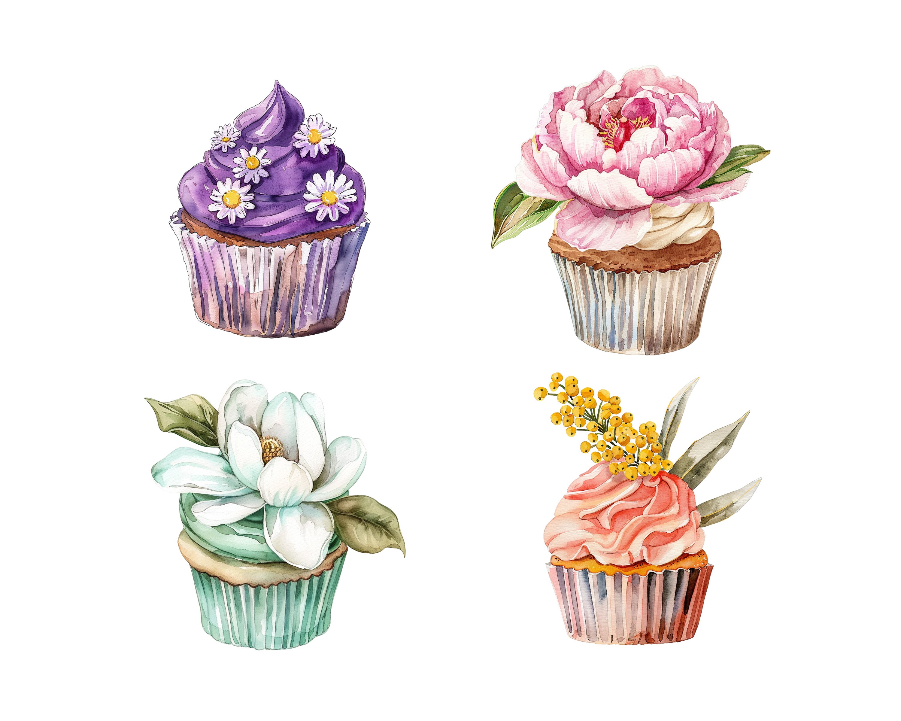 Watercolor Summer Flowers Cupcake PNG Clipart Bundle, Bakery Dessert ...