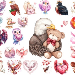 Bundle de cliparts PNG aigle de la Saint-Valentin, aigles aquarelle, coeurs, flèches, téléchargement immédiat, usage commercial, oeuvre d'art imprimable