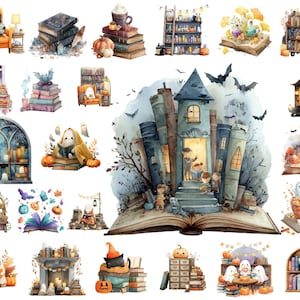 May include: Watercolor illustrations of Halloween-themed books, pumpkins, ghosts, and cats. The images depict stacks of books, open books with scenes, and a spooky house made of books. The color palette includes orange, black, and blue.