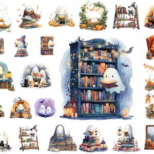 Peut inclure: Illustrations à l'aquarelle de fantômes amicaux lisant des livres, entourés de citrouilles, de bougies et de feuilles d'automne. Les images évoquent un thème d'Halloween confortable et fantaisiste axé sur la lecture.