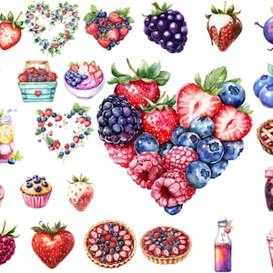 Bundle de cliparts PNG baies de la Saint-Valentin, aquarelles fraises, bleuets, framboises, téléchargement immédiat, usage commercial, oeuvre d'art imprimable