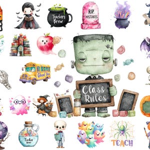 May include: Watercolor illustrations of Halloween-themed characters and objects. Includes a Frankenstein monster holding a chalkboard with "Class Rules", a school bus, a tombstone, a cauldron, and a spider with the word "TEACH".
