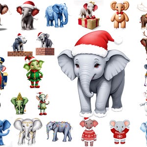 Puede incluir: Una colección de 20 elefantes ilustrados con temática navideña en diversas poses y atuendos. Algunos elefantes llevan gorros de Papá Noel, otros llevan trajes de duendes y algunos llevan regalos de Navidad. Los elefantes están todos de buen humor y listos para celebrar las fiestas.