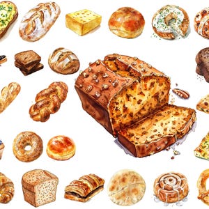Pacote de clipart de comida assada de pão aquarela PNG, cesta de pão de pretzel de baguete francesa, download digital, uso comercial, para impressão