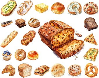 May include: A watercolor painting of various baked goods, including bread, pastries, and cakes. The painting features a variety of shapes, sizes, and colors, including brown, white, and yellow. The painting is a great example of the artistry of baking.