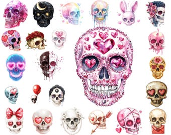 Watercolor Valentine Skull PNG Clipart: Heart Eyed Goth (Commercial Use, Instant Download)