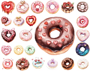 Watercolor Valentine Donut Clipart Bundle: Heart Frosted PNG (Digital Download)