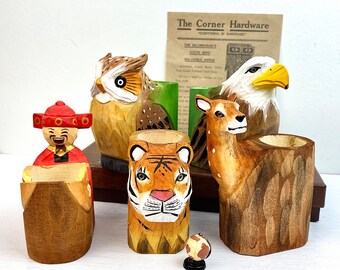 Pen Holder Animal Handmade Wooden Carved - Wooden Animal Decoration-Creative Wood Carving-Art Stationery