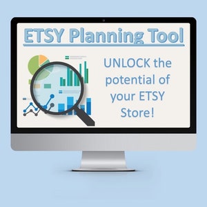 Op de afbeelding: Een computerscherm dat een website weergeeft met de tekst "ETSY Planning Tool" en de slogan "UNLOCK the potential of your ETSY Store!" Het scherm toont een vergrootglas over een verscheidenheid aan grafieken en diagrammen.