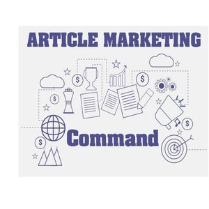 May include: A blue and white illustration of a megaphone, a globe, a trophy, a target, a chess piece, a document, a graph, and a cloud. The text "Article Marketing Command" is in bold blue letters.