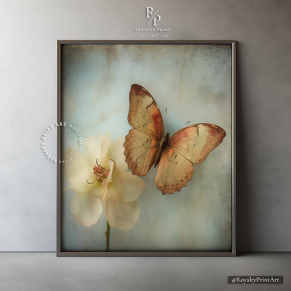 PRINTABLE Vintage Wall Art Print – Butterfly Ivory Flower Petal – Rustic Botanical Painting – Downloadable Digital Picture Collection 0003