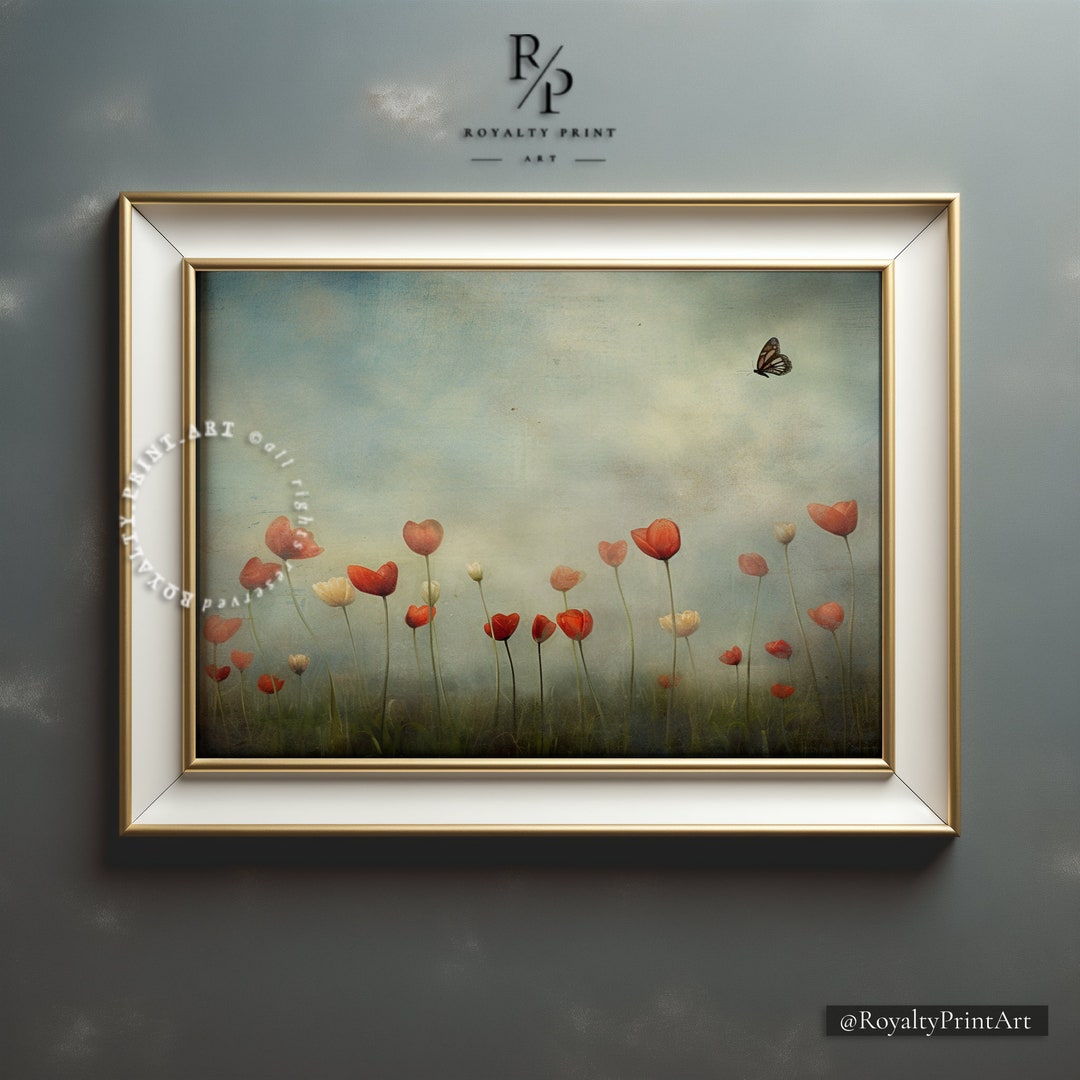Butterfly in Tulip Field PRINTABLE Vintage Wall Art Print Soft Flower ...