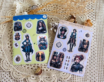 May include: Two sheets of stickers featuring a steampunk theme. The first sheet has a light blue background with a variety of images including a clock, a cat, a woman in a blue coat, and a man in a hat. The second sheet has a light purple background with a variety of images including a woman in a red dress, a man in a hat, and a clock. Both sheets have the text "STEAMPUNK I" printed on them.