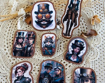 May include: A set of nine steampunk-themed stickers featuring various characters and designs. The stickers are printed on a white background and have a brown border. The characters include a woman with a top hat and goggles, a man with a top hat and goggles, a woman with a top hat and a clock, a man with a top hat and a mustache, a woman with a top hat and a clock, a man with a top hat and a mustache, a woman with a top hat and a clock, a man with a top hat and a mustache, and a woman with a top hat and a clock.