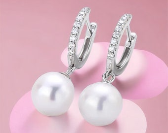 Moissanite Hoop Earrings • Pearl Hoop Earrings • Pearl Earrings in 925 Sterling Silver, 14k Gold Plated •Perfect Gift For a Girl