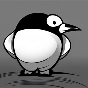 Puede incluir: Un pingüino de dibujos animados en blanco y negro con una gran barriga y un pequeño pico. El pingüino está de pie sobre una superficie gris.