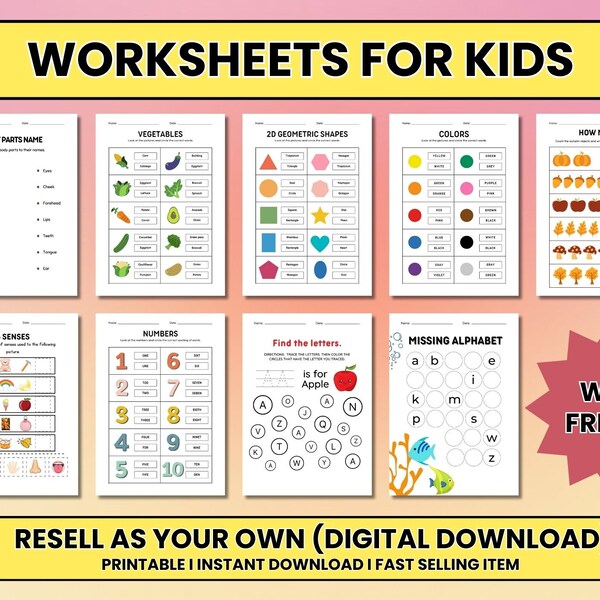 Worksheets for Kids I Busy Books for Kids I Printable I With Freebie I With Master Resell Rights