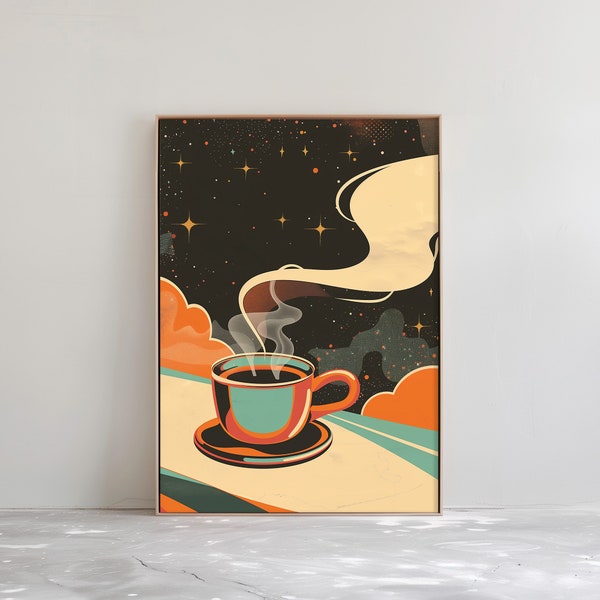 Retro-Kaffee-Wandkunst – 80er-Jahre-Vintage-Kaffee im Weltraum – Universum, Heim- und Küchendekoration | DRUCKBARER digitaler Download