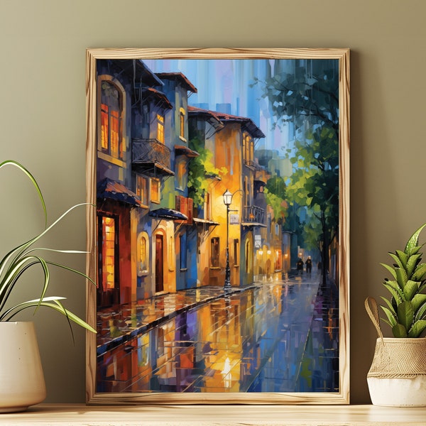 Rainy Mediterranean Village Street by Night Wall Art - European Charm in Vibrant Colors  Painting | Printable Digital Download