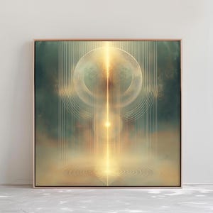 Puede incluir: Impresión de arte abstracto con un círculo dorado y líneas que irradian hacia afuera, sobre un fondo verde y marrón.