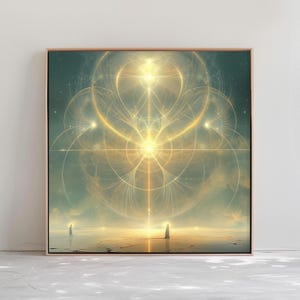 May include: Abstract art print featuring a golden geometric pattern with a bright light in the center. Two figures stand in the foreground on a cracked surface.