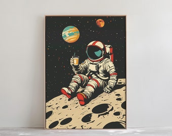 Retro Astronaut Coffee Wall Art - Vintage Coffee on the Moon Print for Design Lovers - Home or Café Decor | PRINTABLE Digital Download