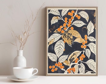 Coffee Plant Pattern Wall Art - Botanical Scandi Tri-Color Print for Plant and Coffee Lovers - Kitchen Decor | PRINTABLE Digital Download