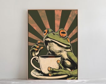 Retro-Frosch-Kaffee-Wandkunst – Vintage-Tiergemälde für Designliebhaber – Heim- oder Café-Dekor | DRUCKBARER digitaler Download