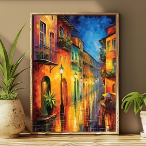 Puede incluir: Una pintura de una calle estrecha y colorida de noche con edificios a ambos lados. La calle está mojada por la lluvia y las luces de las farolas se reflejan en los charcos. Los edificios son de colores brillantes y tienen balcones con plantas. El cielo es azul oscuro con algunas estrellas.