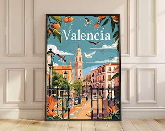Cartel de viaje vintage de Valencia - Arte colorido de la pared de Valencia - Regalo retro de España / Descarga digital imprimible