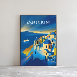 Poster di viaggio di Santorini - Arte della parete colorata di Santorini - Poster di viaggio in Europa - Grecia Stampa / Download digitale stampabile