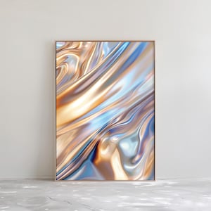 Puede incluir: Impresión de arte abstracto con un patrón iridiscente en espiral en tonos azules, dorados y blancos. La impresión está enmarcada en un marco de madera delgado.