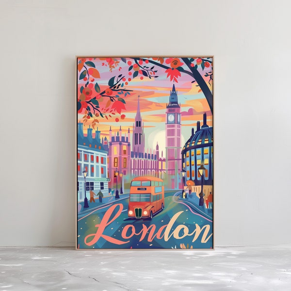 Vintage London Travel Poster - Colorful London Wall Art - Retro Great Britain Gift | Printable Digital Download