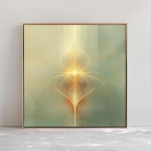 May include: Abstract art print with a golden geometric design on a green background. The design features a central point with radiating lines and curves.