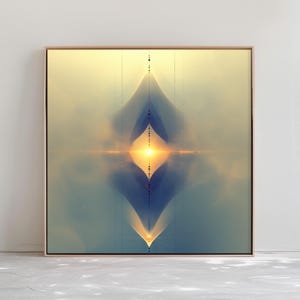 Puede incluir: Impresión digital de arte abstracto con un diseño geométrico en tonos de azul, amarillo y blanco. El diseño es simétrico y presenta un diamante en el centro.